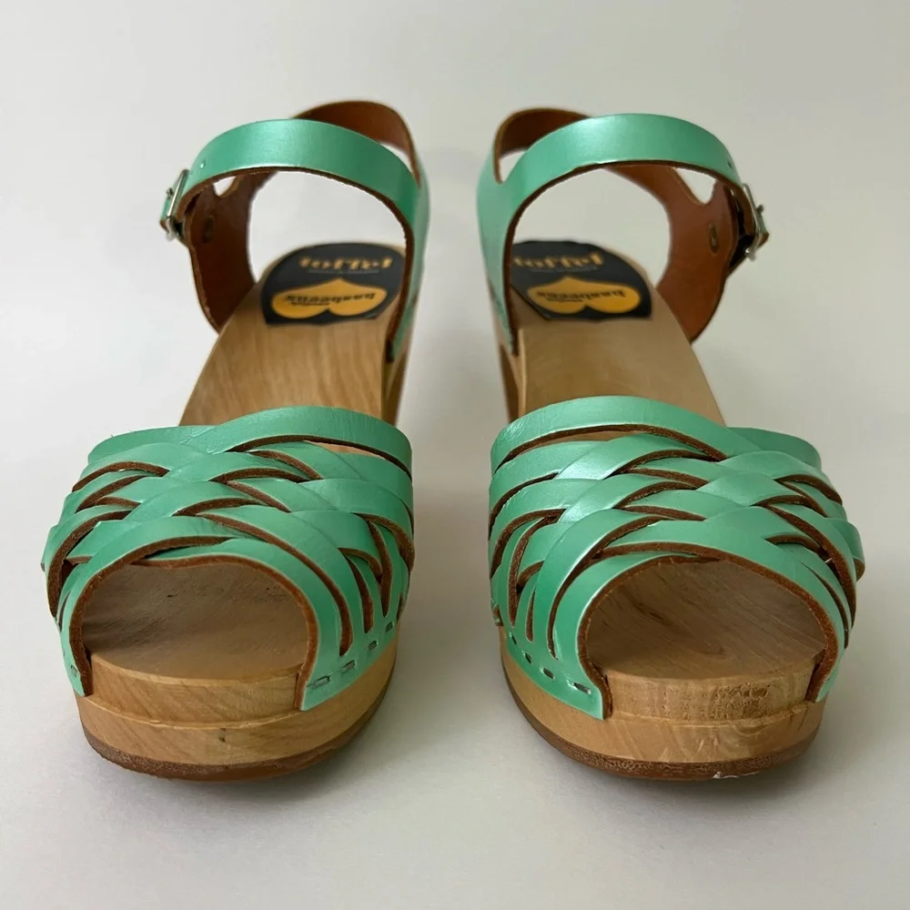 Swedish Hasbeens Mint Green Leather Platform Sandals